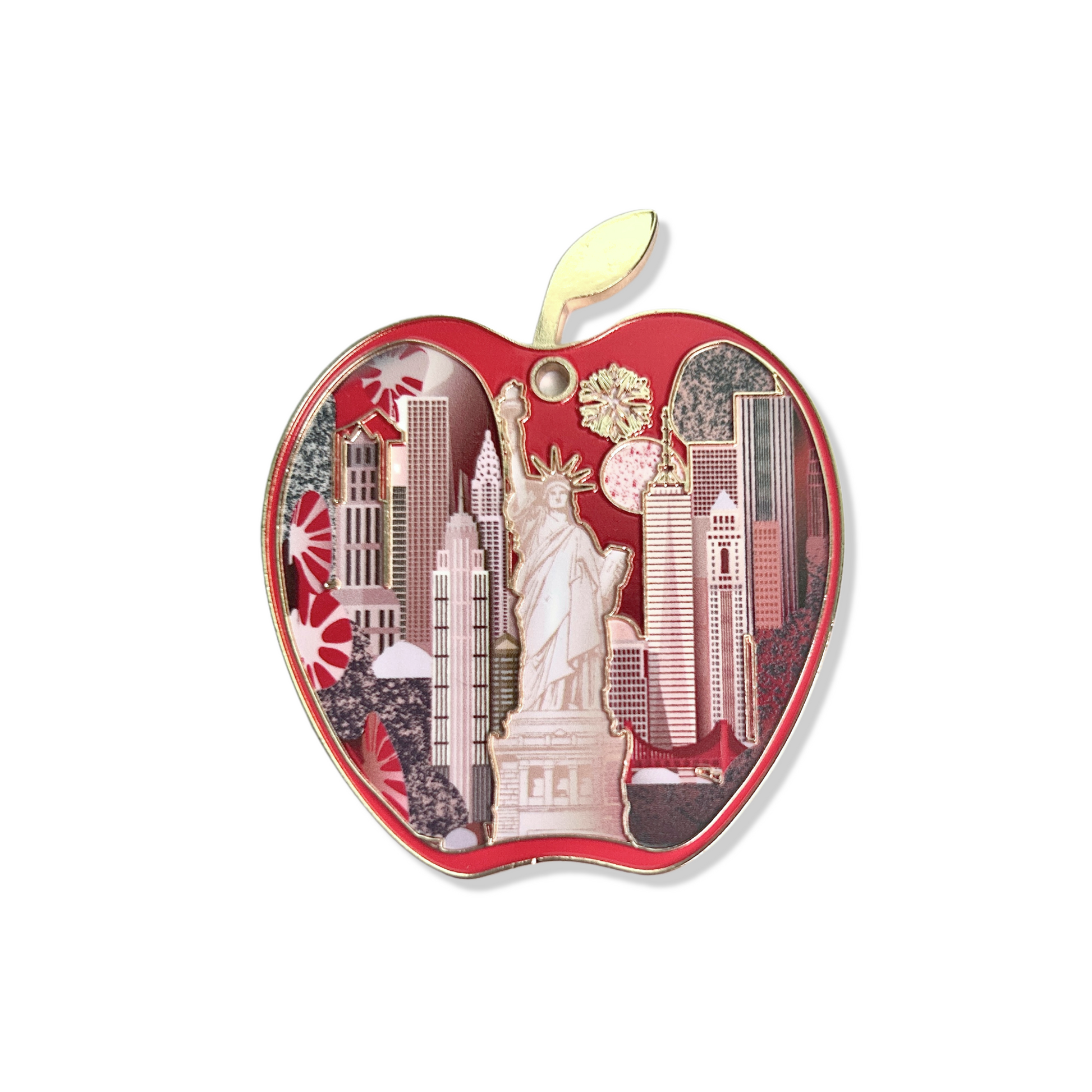 🍎 New York City Apple Ornament – Statue of Liberty & Skyline Souvenir | Zinc Alloy with Gold Plating