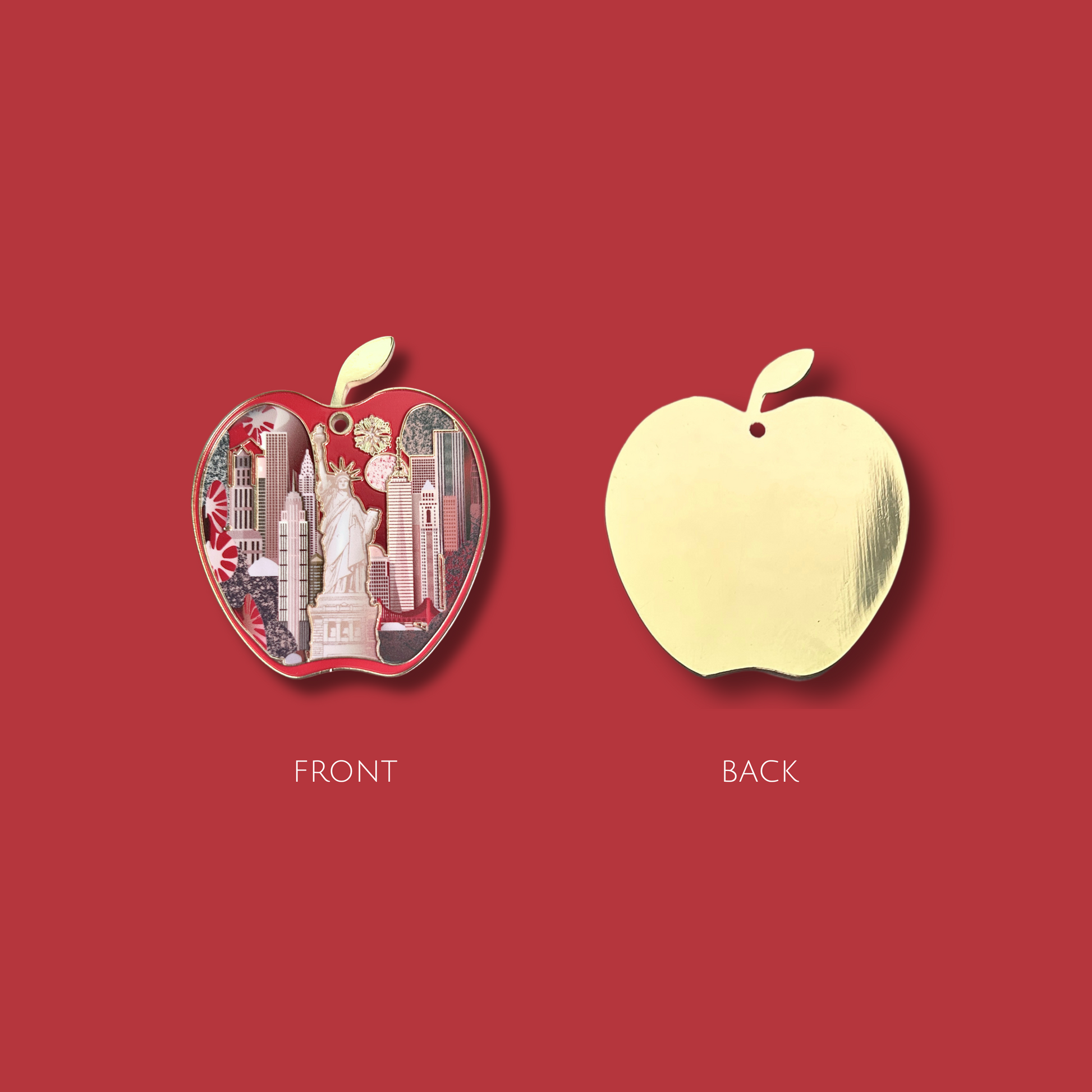 🍎 New York City Apple Ornament – Statue of Liberty & Skyline Souvenir | Zinc Alloy with Gold Plating