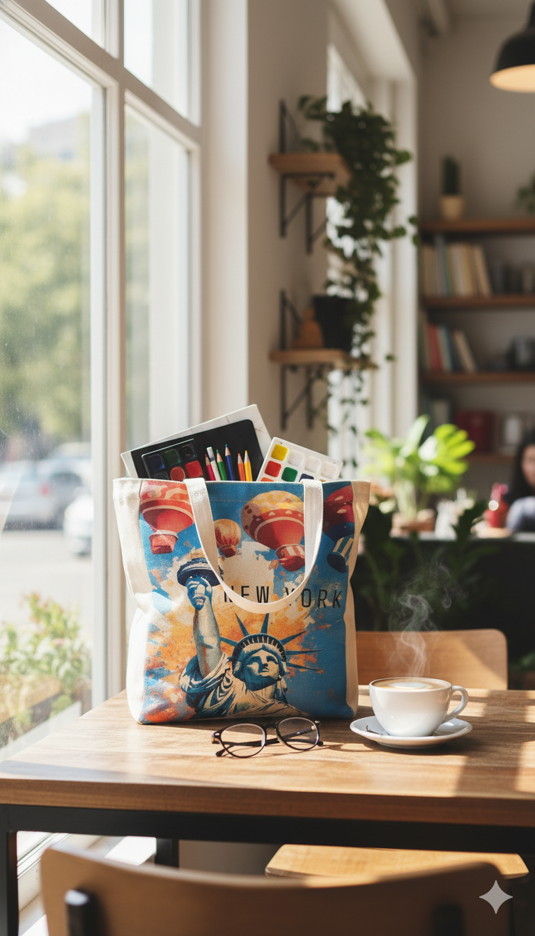 Oilpaint Art New York Tote Bag – Statue of Liberty Art & Hot Air Balloons | Magnetic Closure | Wander & Wonder