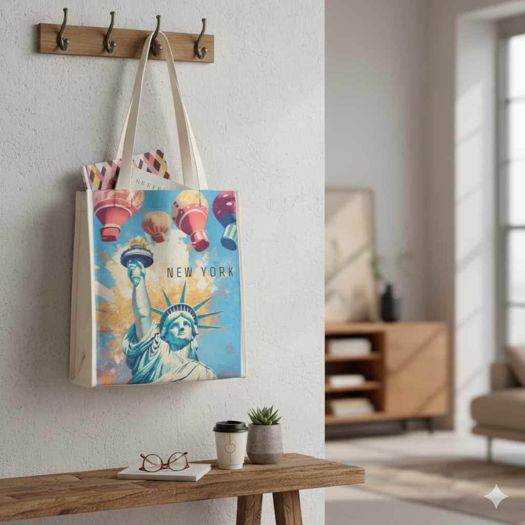 Oilpaint Art New York Tote Bag – Statue of Liberty Art & Hot Air Balloons | Magnetic Closure | Wander & Wonder